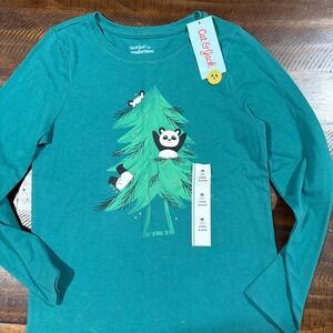 Cat Jack Kids Boys Girls Green Long Sleeve Panda Christmas Tree T Shirt Size M 8